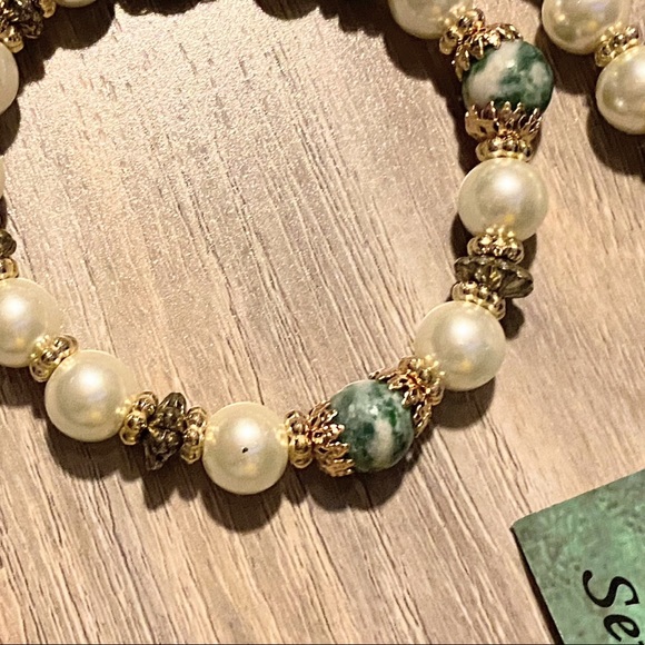 Genuine Green Zebra Jasper & Glass Pearl Bracelet Set - Picture 3 of 5